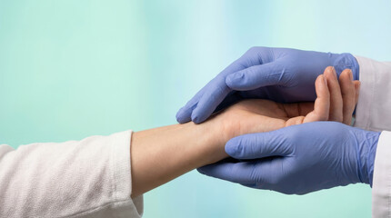 Obraz premium Medical healthcare doctor patient glove hand wrist pulse examination diagnosis gentle clinical checkup during consultation while doctor hand glove support patient wrist for pulse assessment