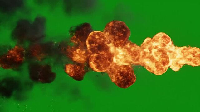 VFX element of a powerful cinematic fire burst with glowing orange sparks and dark smoke against a green screen for compositing.