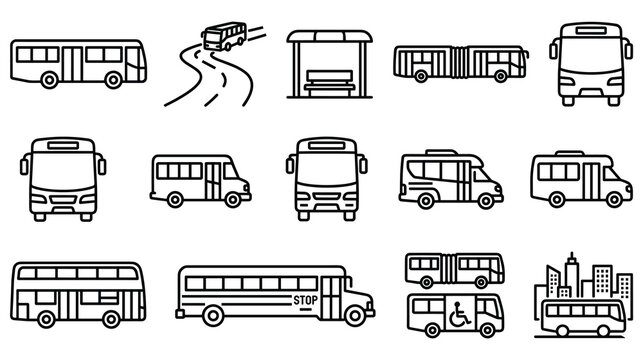 Various public transport buses and shuttle bus icons with road and bus stop illustration.