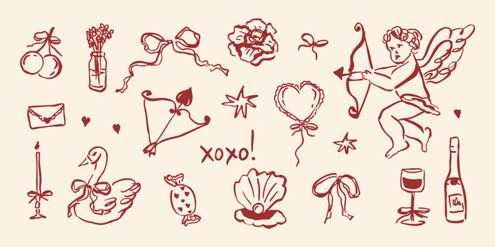 Hand drawn retro romantic illustrations collection
