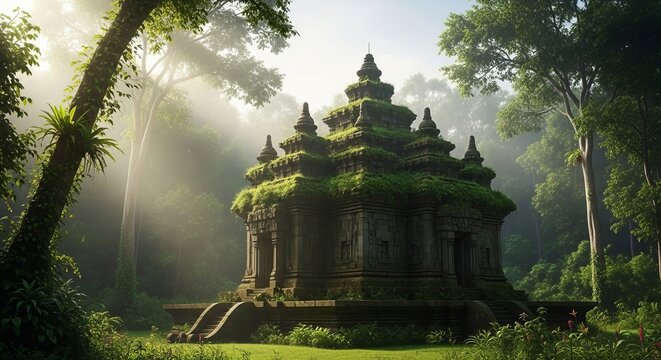 Ancient Chaturdasha Devta Temple during Kharchi Puja Festival Surrounded by Lush Greenery and Mystical Morning Mist in Tripura India