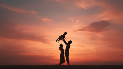 Fototapeta premium A silhouette of a happy family at sunset, celebrating joy and togetherness in a serene evening setting.