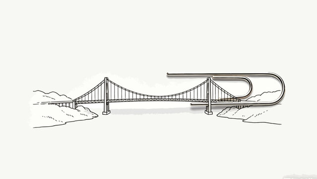 Clever Mixed Media Visual Pun Art: Hand-Drawn Ink Suspension Bridge Seamlessly Integrated With A Real Silver Paperclip On Plain White Paper