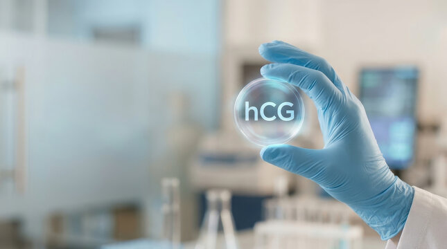 Medical laboratory scientist glove hormone hcg test research biotechnology diagnosis medical lab scientist wearing glove holding hcg hormone symbol for pregnancy test research biotechnology