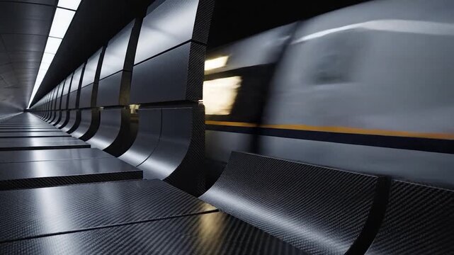 A futuristic tunnel with a textured surface and a blurred train passing through, creating a sense of speed and motion