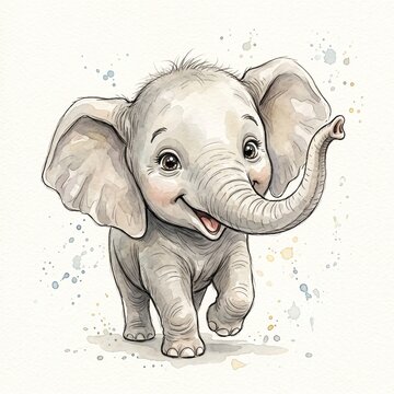 Cute baby elephant with large ears and a joyful smile illustrated in a soft watercolor style on white textured paper
