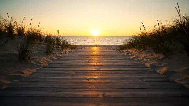 Wooden boardwalk path leading to the ocean at sunset with start sign