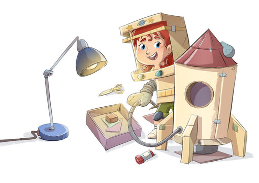 Little girl building a rocket out of cardboard, children's illustration