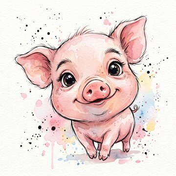 Adorable baby piglet with big eyes smiling brightly in a beautiful artistic style painting made with vibrant watercolor paint splashes