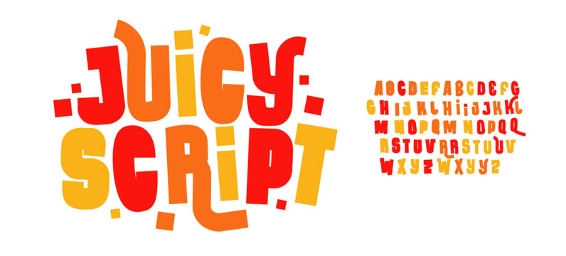 Juicy Font Logo Alphabet Bright Red Yellow Orange Color Letter Set Cartoon Typography, Fun Kid Typographic Design for Playful Title Text, Joyful Poster Headline, Funny Art Fonts. Vector Typeface