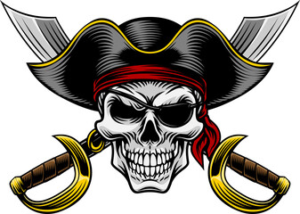 Fototapeta premium Pirate skull crossbones wearing a tricorn captain hat, eyepatch with crossing sabers or scimitar cutlass pirate swords. In a vintage retro woodcut style.