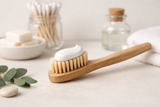 Bamboo toothbrush with white toothpaste on bristles, cotton swabs in glass jar, towel, and eucalyptus leaves on a light stone surface, spa concept