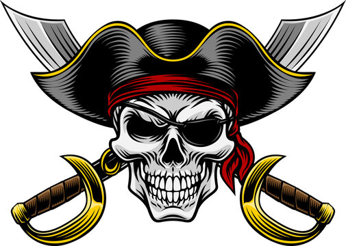 Pirate skull crossbones wearing a tricorn captain hat, eyepatch with crossing sabers or scimitar cutlass pirate swords. In a vintage retro woodcut style.