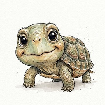 Adorable baby tortoise with a cheerful smile and big, expressive eyes, showcasing a cute and endearing wildlife portrait illustration.