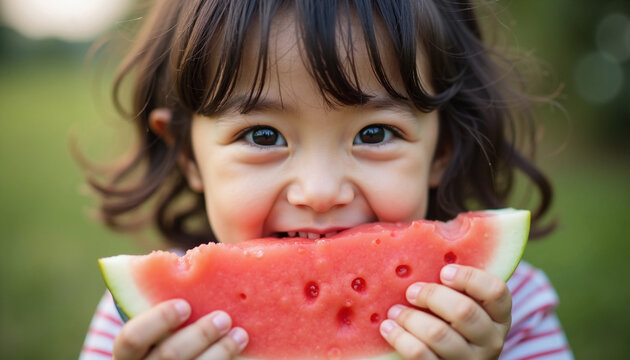 Happy child enjoying juicy watermelon slice outdoors in summer sunlight. Child's joyful expression while holding vibrant watermelon evokes carefree moments of summer fun.