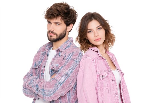 A confident young couple in denim jackets lean back-to-back with serious expressions.