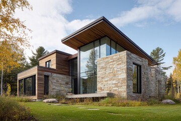 Obraz premium Modern house design features stone and wood materials in a natural setting with trees and grass under a cloudy sky during daytime