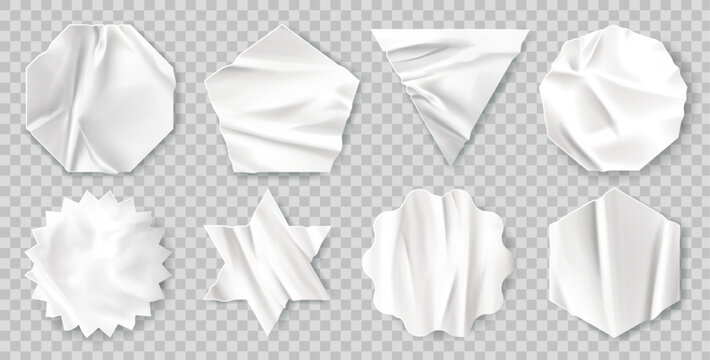 Sticker collection with crumpled texture and torn edges - realistic round labels, starburst tags and glued paper effects. Blank white mockups of adhesive patches, badges and price design elements