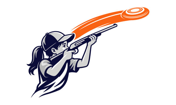 Girl Shooting Clay Target with Shotgun Vector Illustration, Skeet Shooting Silhouette Logo Design