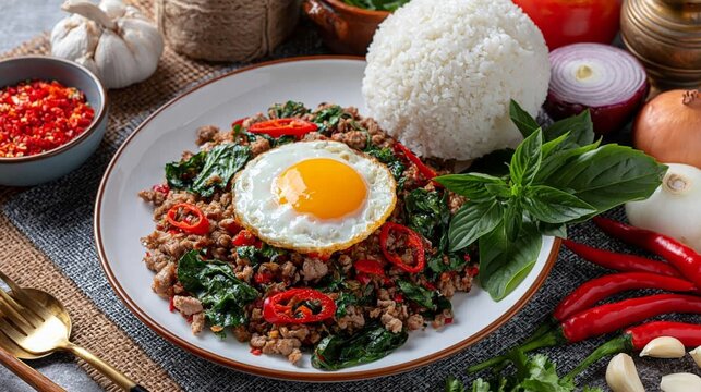 Pad Krapow Gai, Thai basil chicken stir fry with egg