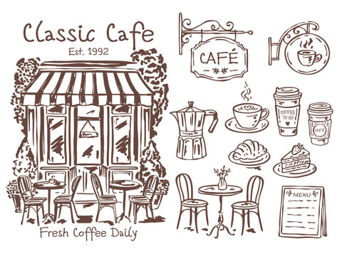 Hand drawn vector cafe sketch set with storefront facade, coffee pot, cappuccino cup, takeaway cups, croissant, cake, menu, table and chairs. Vintage doodle line art collection for small business