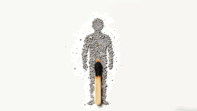 Minimal Conceptual Still Life: Human Silhouette Formed From Grey Ash With Burning Match Along Torso, Evoking Burnout, Exhaustion, and Mortality On Plain White Background