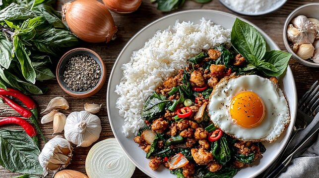 Pad Krapow Gai, Thai basil chicken stir fry with egg