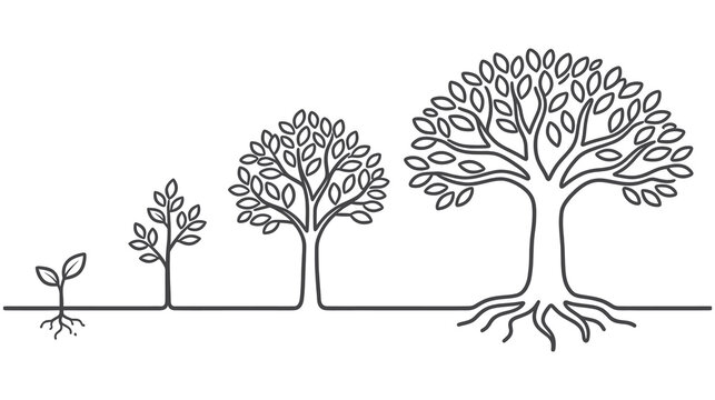 Tree growing stages from sapling to mature oak showing natural life cycle.
