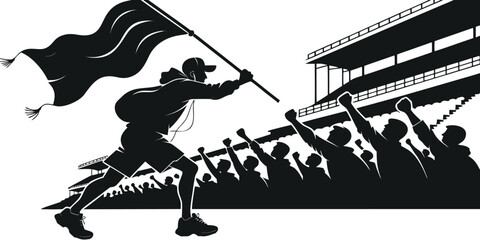 Obraz premium football match silhouette with cheering crowd and flag bearer high quality professional