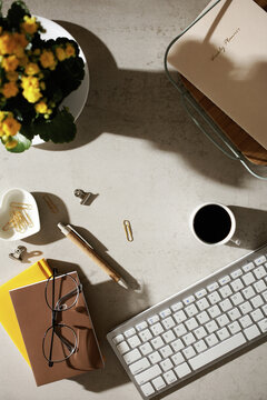 Elegant feminine workspace with morning essentials