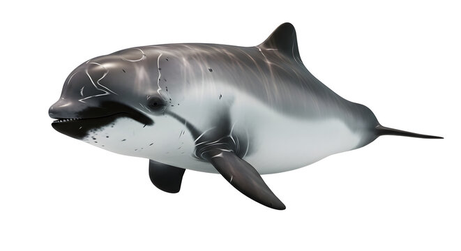 Large dolphin with a dark gray back and white underbelly swimming alone