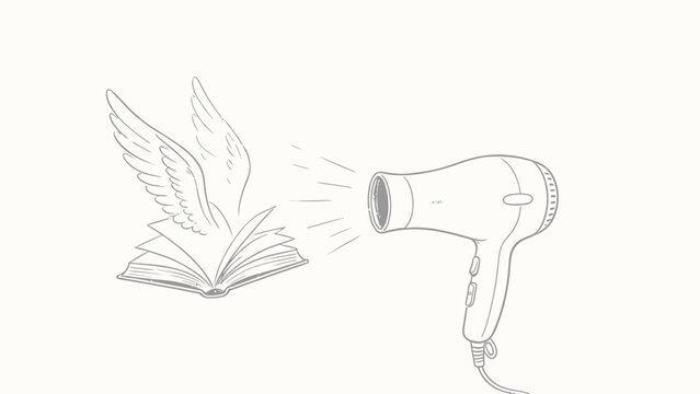 Surreal Monochrome Pencil Line Art Illustration of a Winged Open Book Facing a Blowing Hair Dryer, Playful Conceptual Visual Pun