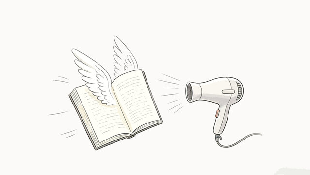 Whimsical surreal minimalist line art illustration of an open book with angel wings being blown back by an active hairdryer, soft neutral off-white palette