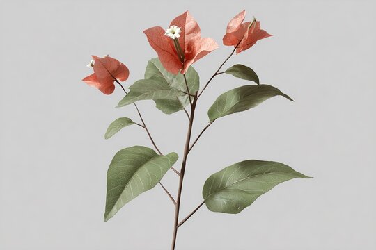 A single branch of bougainvillea displays soft peach bracts and deep green leaves.