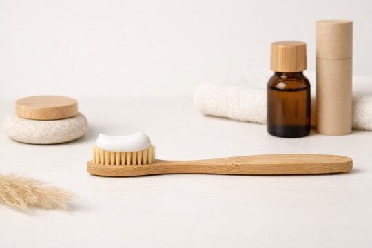 Sustainable bamboo toothbrush with white toothpaste on bristles, brown glass bottle, towel, and dried pampas grass on a light stone background