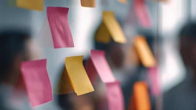 Creative team meeting with sticky notes on glass wall, brainstorming innovation strategy