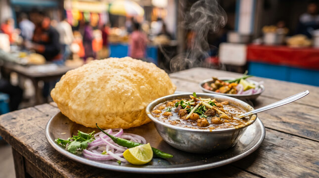 A steaming plate of Chole Bhature, a popular Indian street food, is served with onions and lemon on a rustic wooden table in a vibrant market setting.