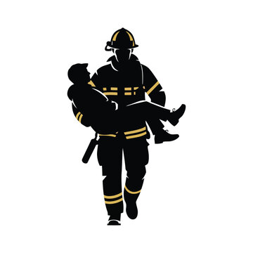 Firefighter rescuing child silhouette vector illustration emergency rescue service concept