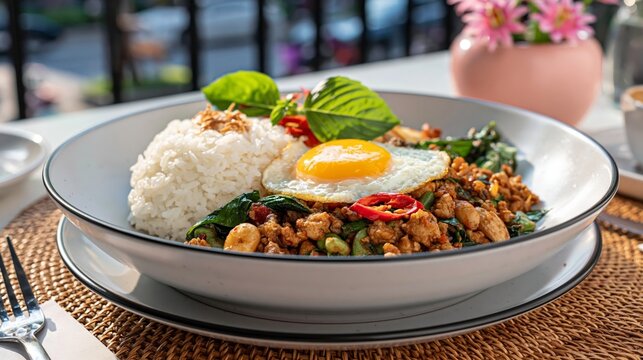 Pad Krapow Gai with rice, stir-fried holy basil chicken with egg