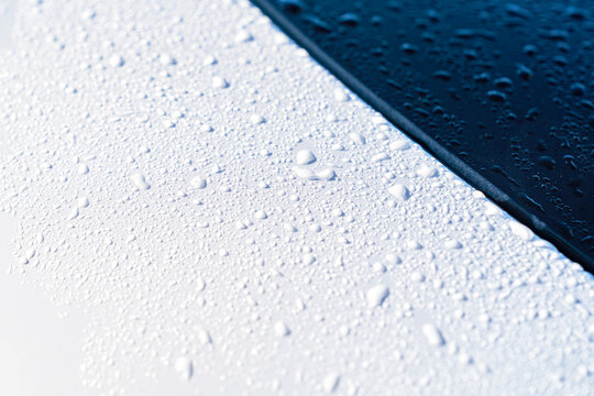 Water droplets on car hood near windshield in closeup