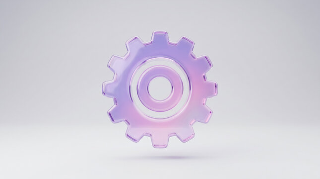 A shimmering, translucent glass gear icon with a gradient of purple and pink hovers gracefully against a clean, light background.