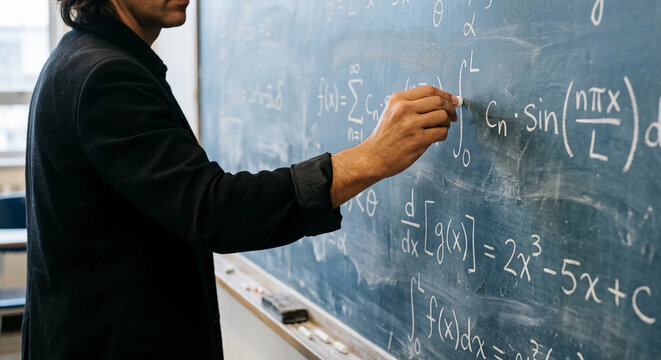 黒板に数式を書く数学者・教授の手元
