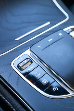 Close-up of modern car console with drive mode controls