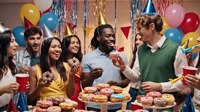A diverse group of friends celebrates a special occasion with colorful decorations, party hats and delicious treats, enjoying the festive atmosphere