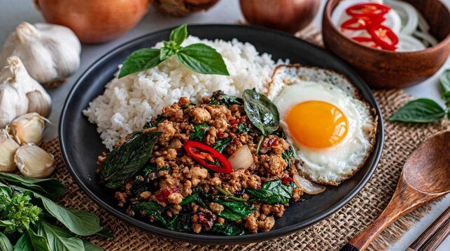 Pad Krapow Gai with rice, stir-fried holy basil chicken with egg
