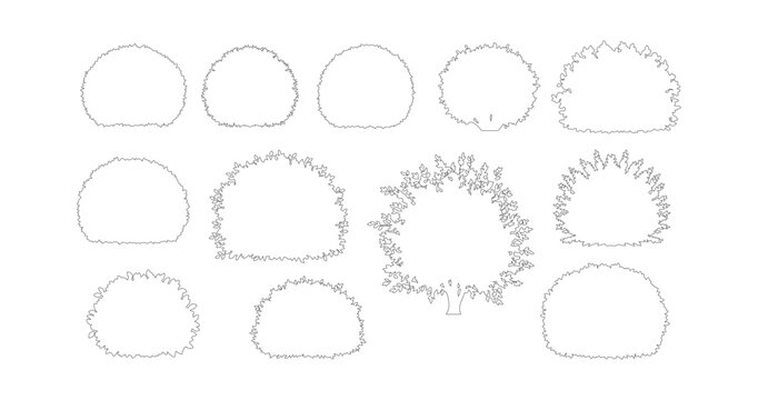 Minimalist bush outline set, 12 garden shrub vector icons, simple black and white landscape plant sketches, botanical line art for architectural site plans