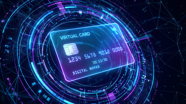 Virtual card glowing neon holographic with chip and digits against dark tech background with circular data rings concept of digital finance and cybersecurity