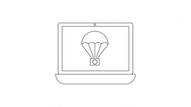 Laptop Displaying Parachute with Medical Cross Symbol.