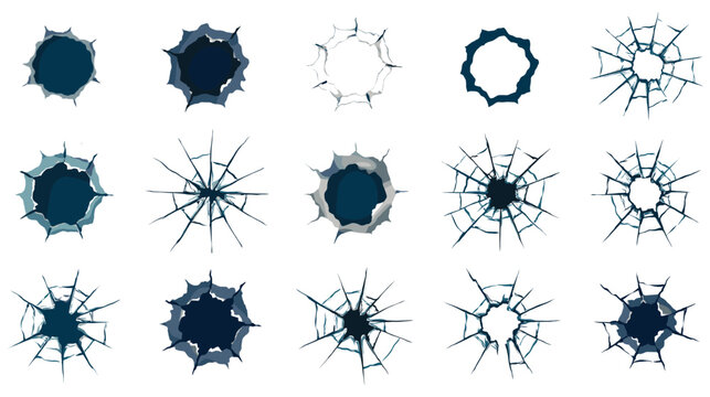 Realistic broken glass holes set showing shattered window patterns and bullet marks.