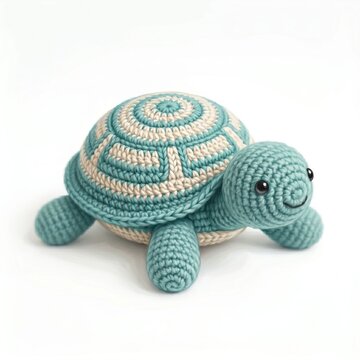 Small handcrafted crochet turtle toy featuring a soft texture and beautiful teal and beige yarn colors for nursery room decor